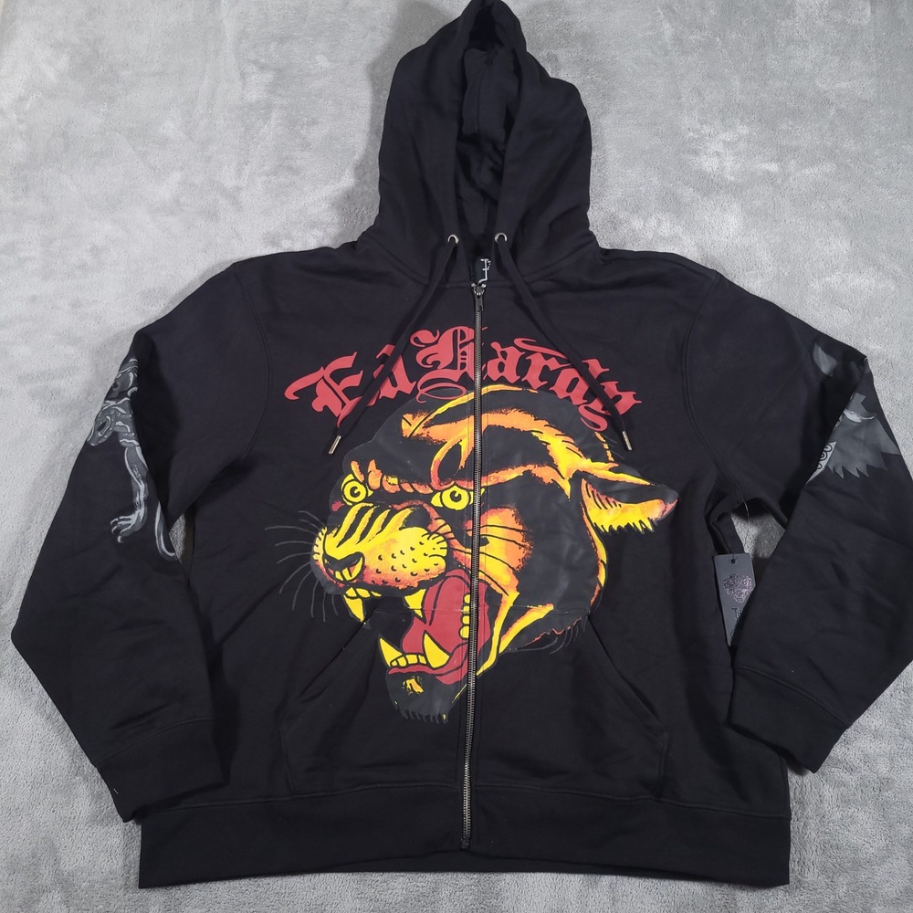 Ed Hardy Hoodie Mens XL Black Panther Snake Dagger Tattoo Graphic Full Zip NEW